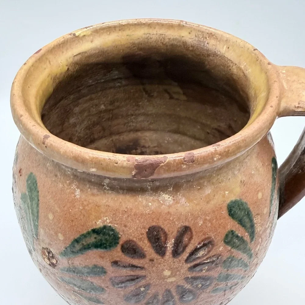 Southeastern PA Antique Folk Art Redware Pitcher Jar Hand Painted Floral Pottery